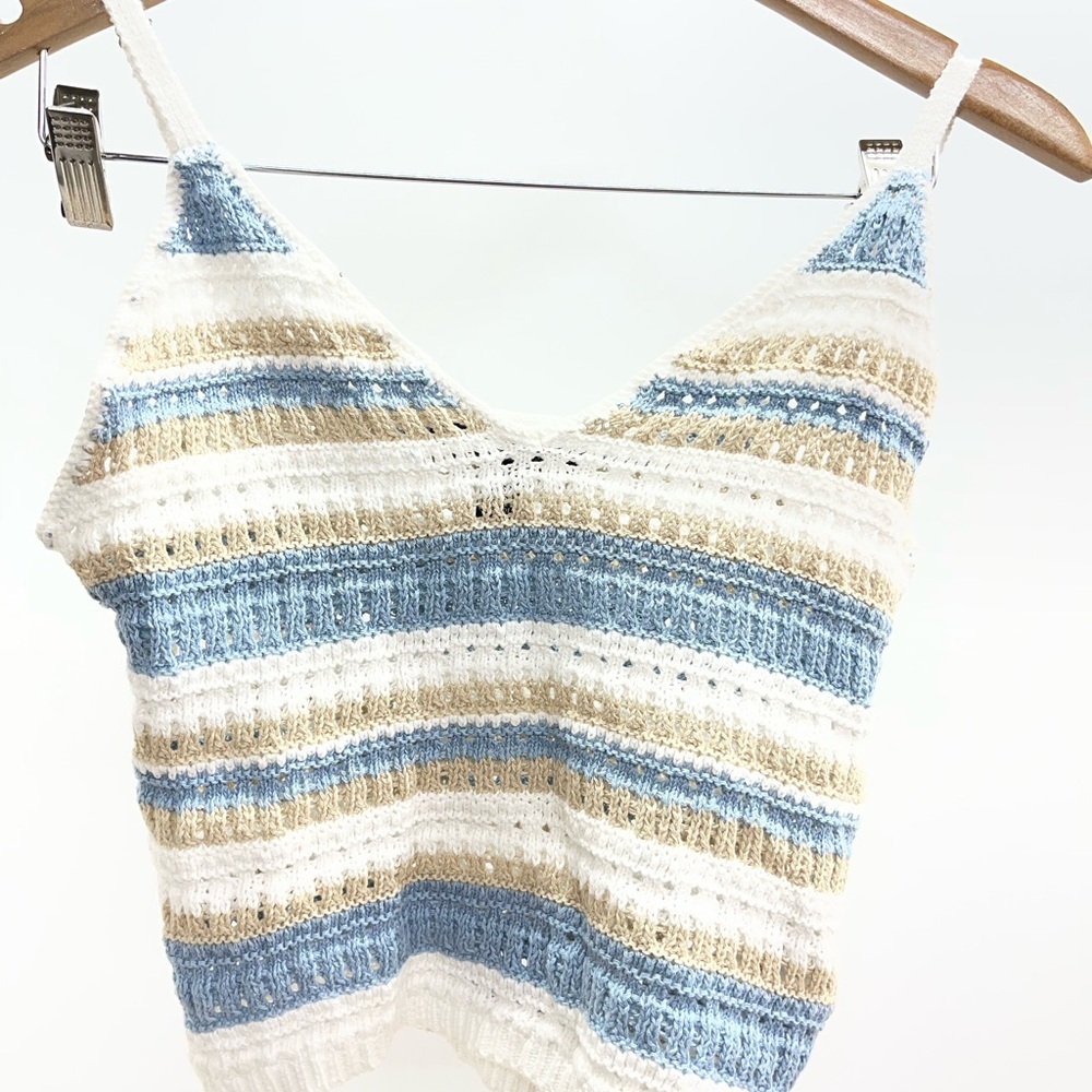Streetwear Society Blue and Cream Striped crocheted cropped Camisole